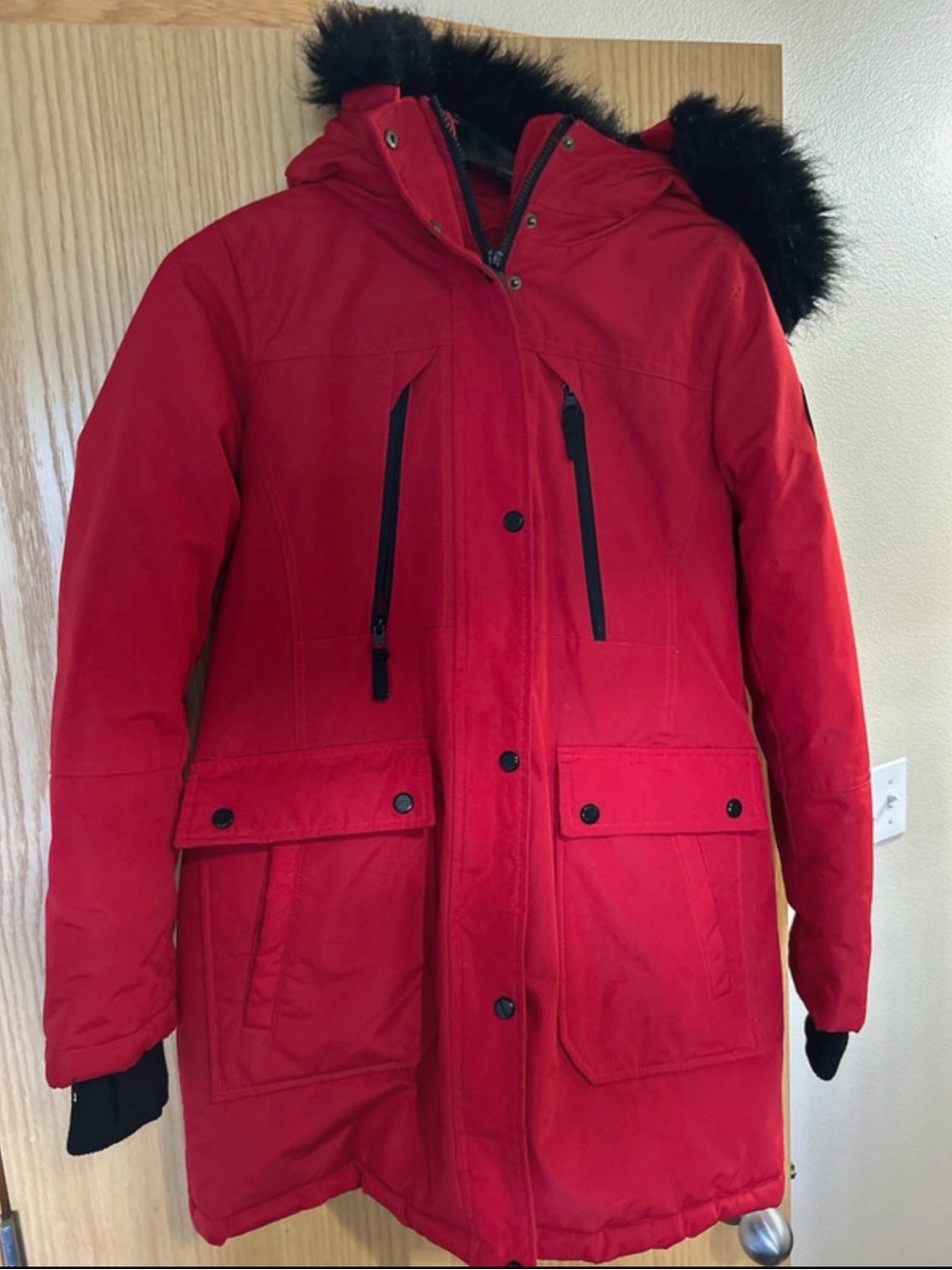 a.n.a Red Hooded Ski-Style Parka with Black Faux Fur Trim